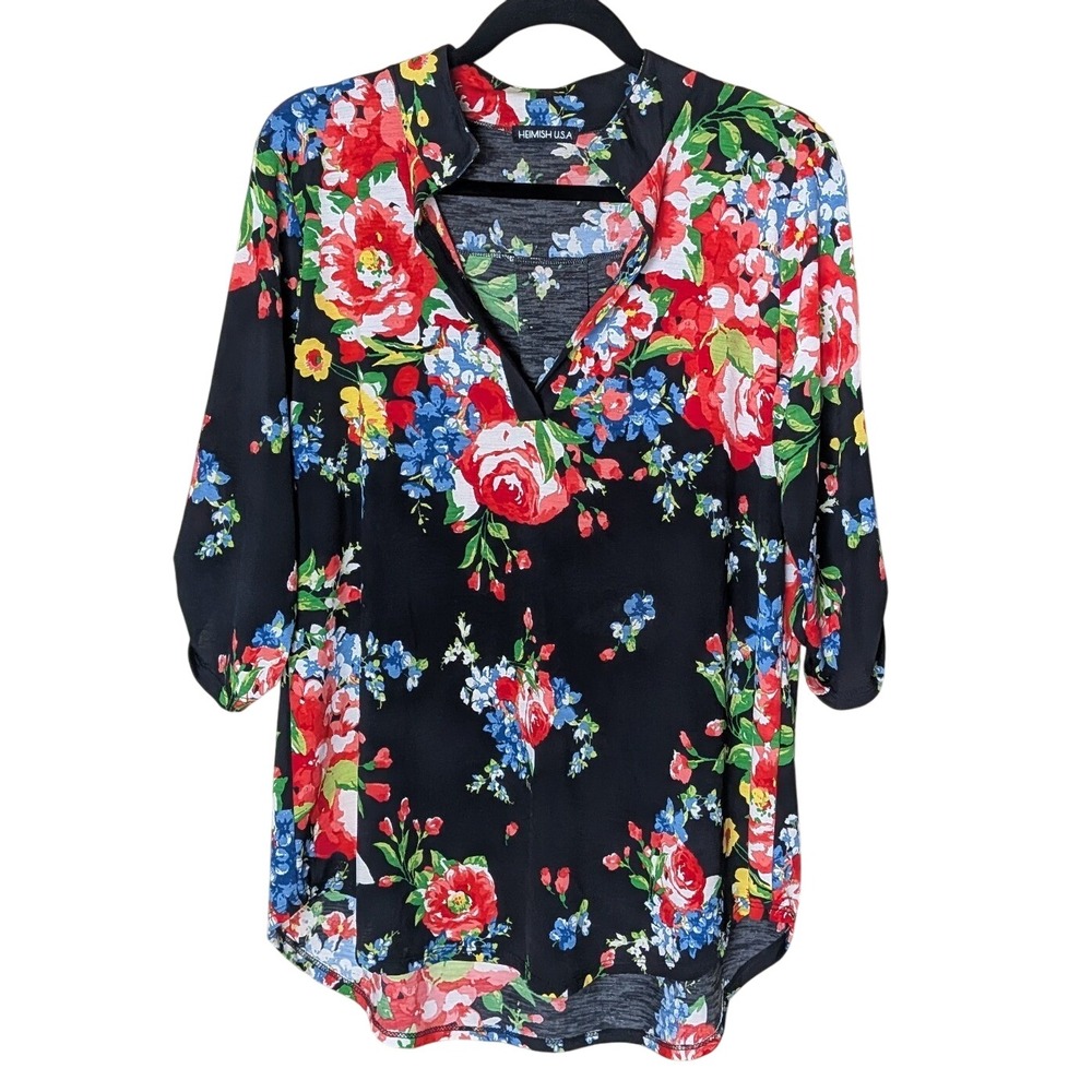 Heimish USA Floral Blouse Black with Red Blue Green Print Size M‎ Cottage Boho